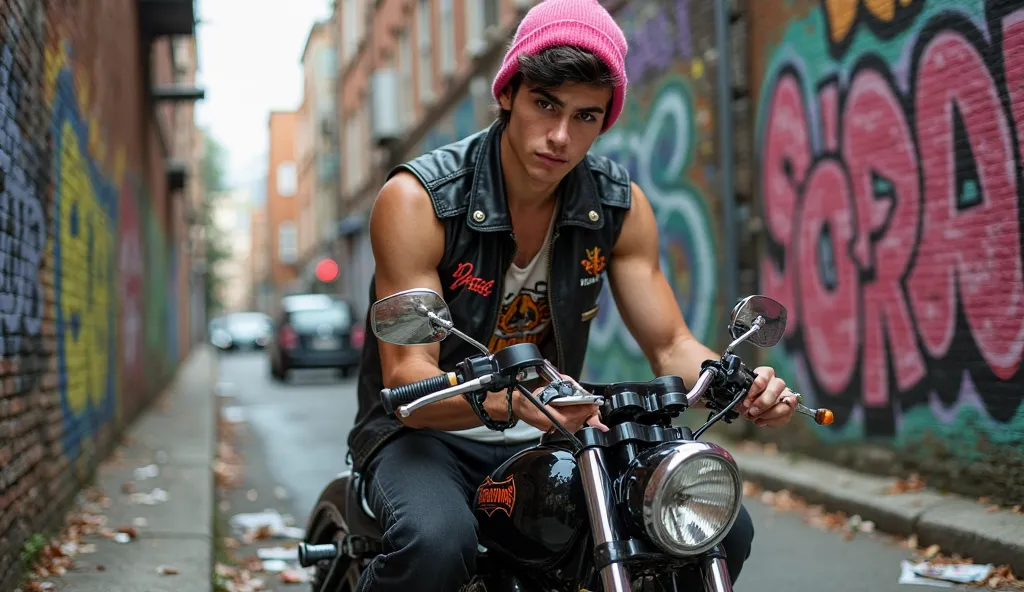 18yo,male high school ager,loner boy,boyish charm,creativity,straddling on black Harley Davidson in graffiti alleyway.Intense gaze,rugged features,honey-hazel eyes show passion for storytelling.Pink beanie,dark black hair,black leather sleeveless jacket wi...