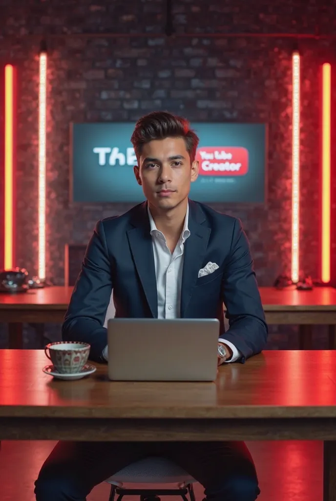 "Create a visually appealing setup for a YouTube channel host. The host is an 18-year-old boy with stylish dress pants, well-groomed hair styled neatly at the front, and a confident posture. The scene features a table in full-screen view, with a modern lap...