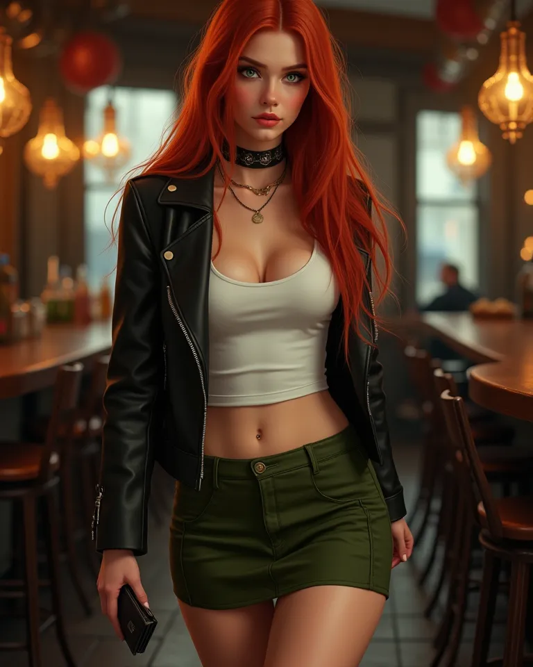 Pretty red-haired girl with green eyes. hourglass body, curvilinear and flat abdomen. She has long straight hair. has a septum in his nose. She is wearing a short olive green skirt that is tight to the body, black buccaneer boots and a white fitted blouse ...