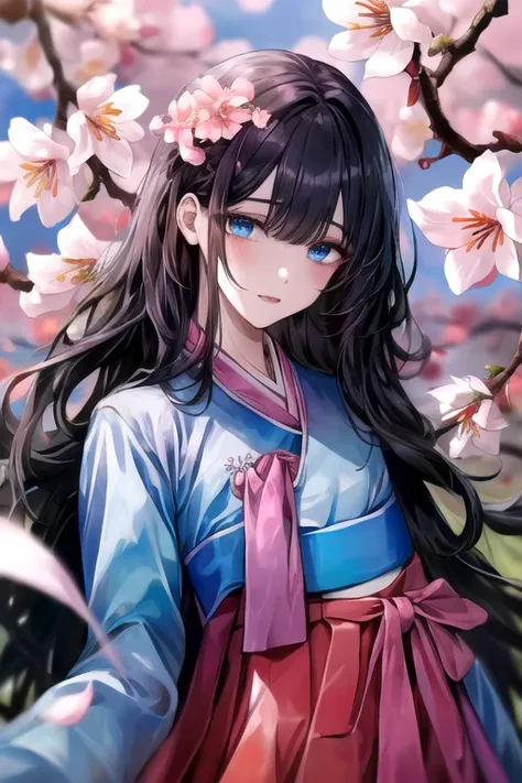 (((gfyuju ))), ((((black long hair)))), blue eyes, (((Hanbok1.0))), hanbok, Outstanding, Best Aesthetic, Best Quality, Masterpiece, Very Detailed, Masterpiece,  1girl , Alone, Blue Sky, Daytime, Flower, Cherry Blossom, Plum Blossom, Lilies, Beautiful Body,...