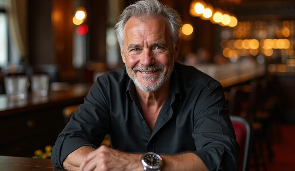 A charismatic older man with silver hair and confident smile, sitting at a luxurious bar with dim lighting, elegant black shirt slightly unbuttoned, wearing a watch, his posture relaxed but dominant, looking directly at the camera. Background softly blurre...