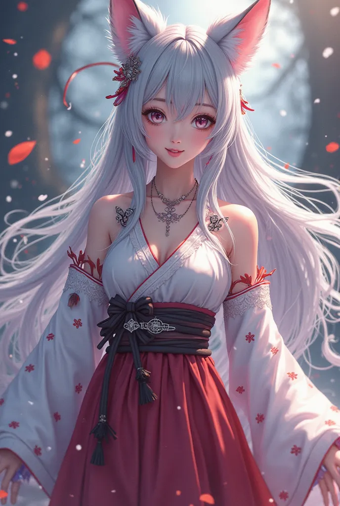 A beautiful female character with fox ears (kumiho style), wearing a flowing hanbok-inspired dress, long silver hair, intricate hair ornaments, fantasy style, highly detailed, elegant, mystical lighting