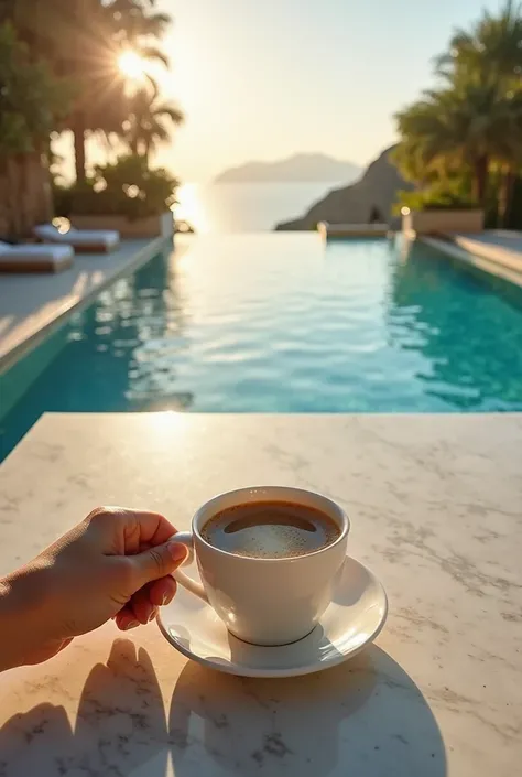 I am sitting at a marble table, with only my hand visible in the foreground, holding a fine porcelain cup. The imposing marble table stretches out before me, reflecting the soft morning light. On it, a lavish assortment of artisanal breads, fresh fruits, a...