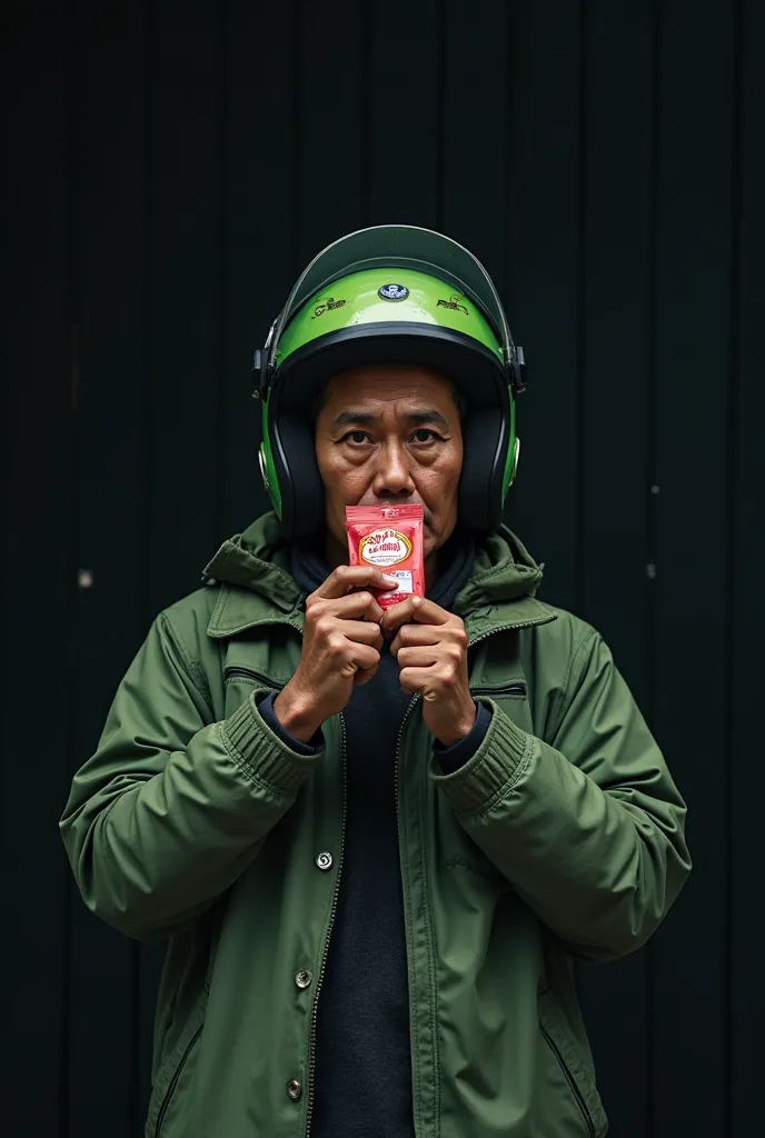 an indonesian man with green motorcycle helmet and green jacket is drinking from a small red packet, black background