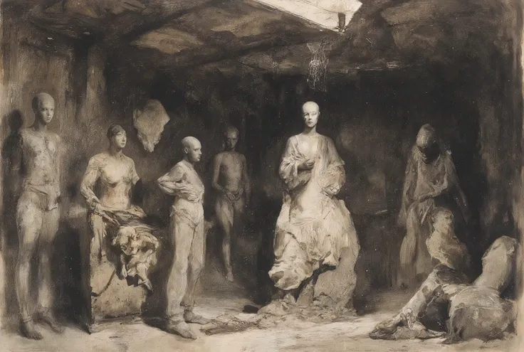 A striking illustration of a bunch of old porcelain mannequinns standing in dark basement. The basement looks dusty and long forgotten. Picture emanates with eerie and grim atmosphere..