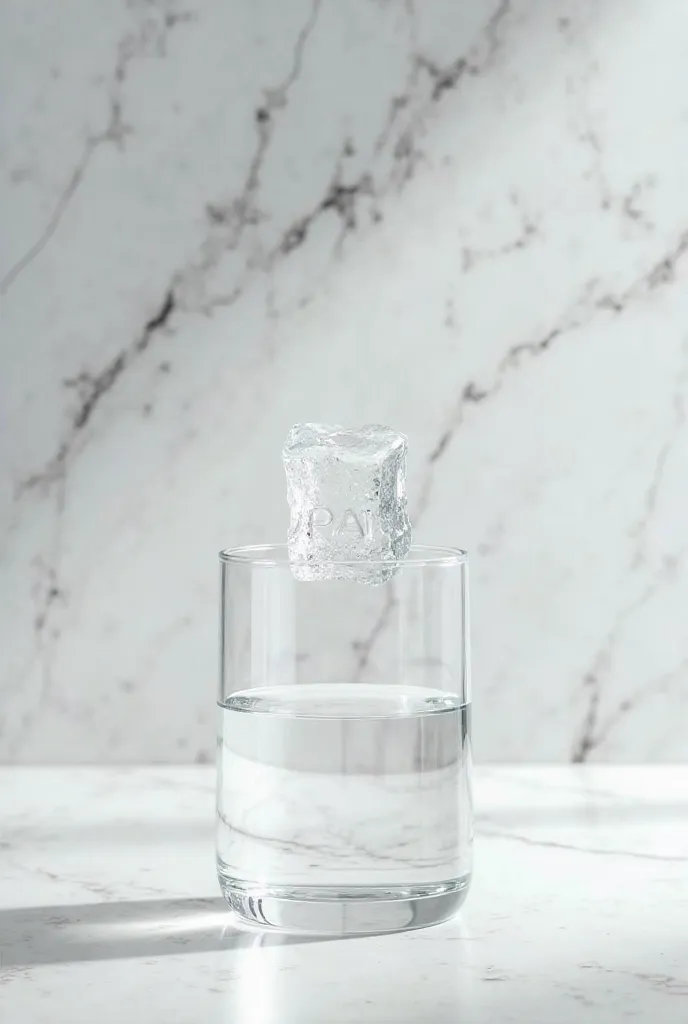 Realistic photo from above , on white marble there is a glass cup with water in it a cube of ice with the word PAI embossed on top