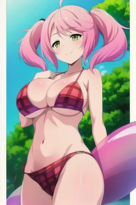 フィルフィ・アイングラム,( Masterpiece),( top quality),2D, anime, Anime art, line art , watercolor,loli, (1 girl:1.6),( yellow eyes) , ( pink hair), (mega breasts:1.8),(saggy breasts:1.4),(hanging breasts:1.4),(twin tails), (shy smile), blush,swim suit,(tartan check b...