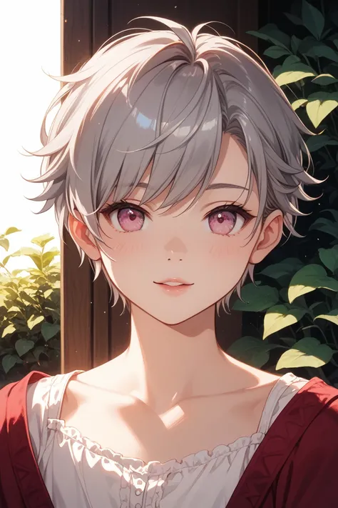 A boy with gray hair and pink eyes with a cute face