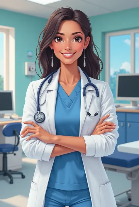 She is a beautiful doctor. She's wearing a doctor's uniform and equipment. She has a beautiful figure and is smiling. In the office, she stands next to the bedside table. American appearance. American girl