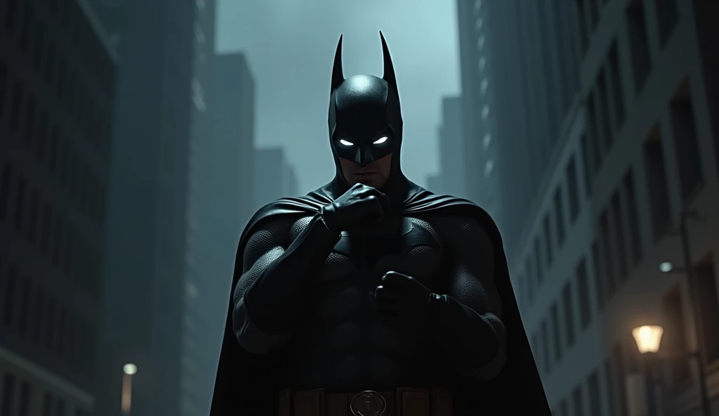 Batman is looking at his hand and wondering, surprise to be on Batman's face, in the dark of night