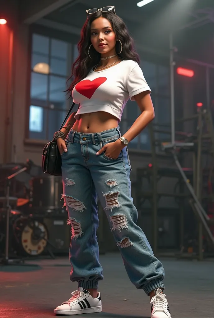 *"A highly detailed 3D-rendered image of a sexy and fit female dancer with a curvy physique, including a well-defined body and large chest. She is dancing, wearing a tight white t-shirt with a red rock band logo printed on it, sling sportbag, iwacth, sungl...