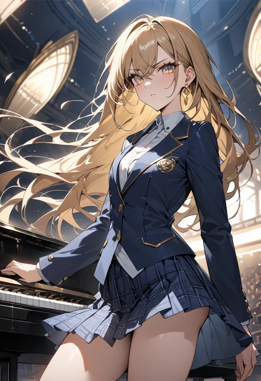 ((Greatest Masterpiece,Ultra High Quality:1.2)),(super resolution),(solo),cowboy shot,opera house,Slender, small-breasted high school girl playing a grand piano on stage,beautiful faces, long golden hair,perfect golden eyes, serious expression, high qualit...