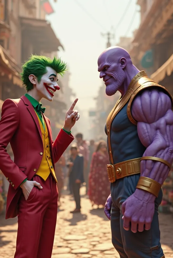 The image appears to be a 3D rendering The Joker and Thanos, two iconic comic book characters, stand facing each other in a bustling marketplace setting. The Joker, positioned on the left side of the image, is a Caucasian male, appearing young adult. He is...