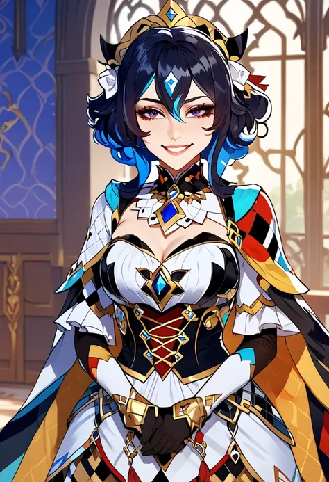 Harlequin woman [genshin impact], smiling curiously