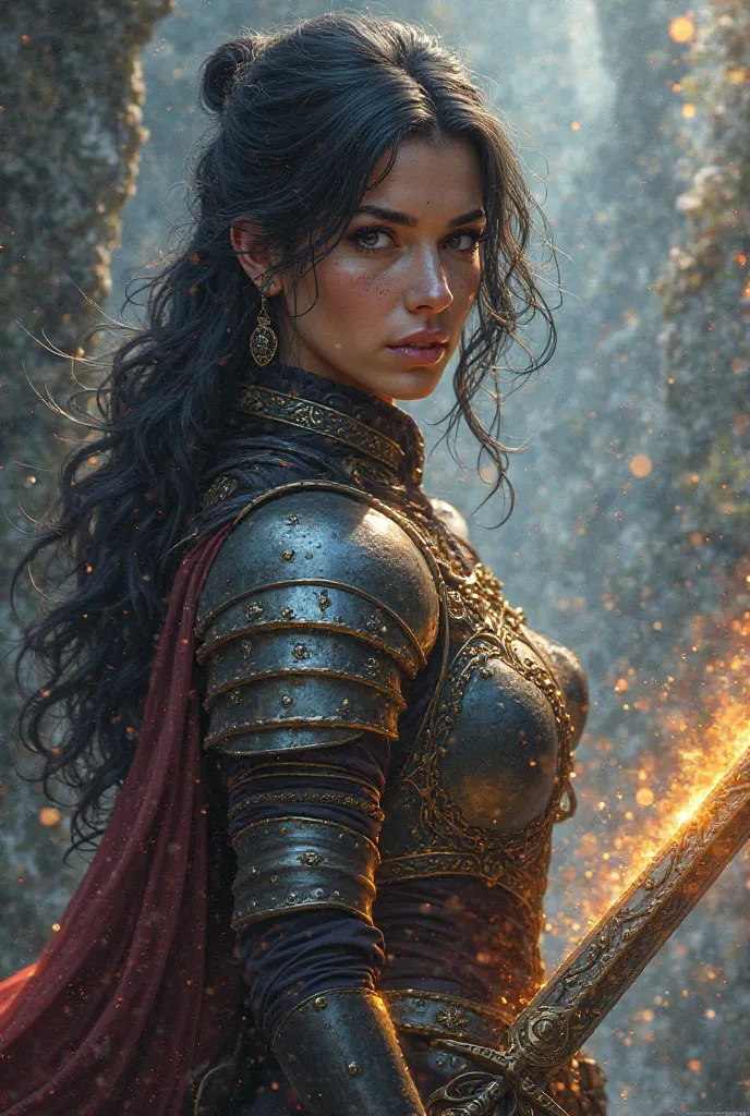 Mulher Paladina, d&d aventureiro, RPG character, photorealistic,  armor, mystical lighting, exotic details, rich colors, heroic woman in battle pose, detailed face, confident expression, wielding shining sword,  armor cintilante, Mystical atmosphere, float...