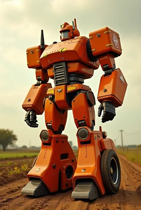 The Pampa Bulldog transformer is in a classic old orange shade, that is reminiscent of the color of older agricultural machines. The transformer has a robust, sturdy body with a distinctive, mechanical look,  almost nightmarish world ,  as if he is ready ,...