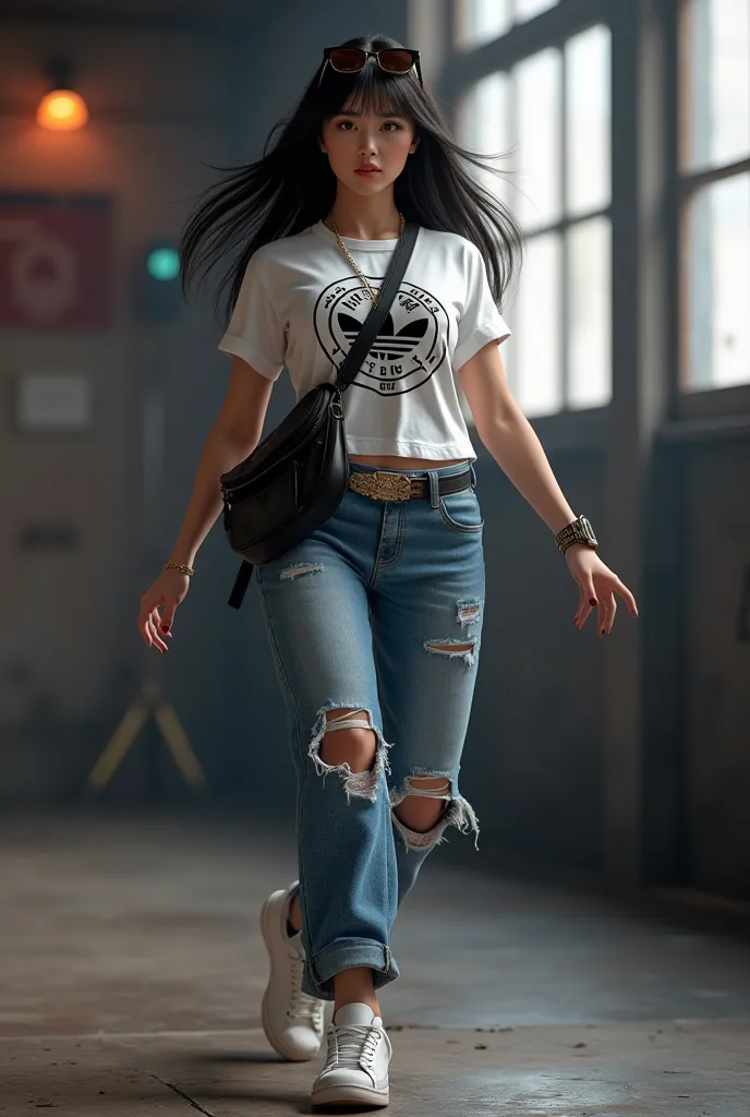 *"A highly detailed 3D-rendered image of a sexy and fit female korean dancer with a curvy physique, including a well-defined body and large chest. She is dancing, wearing a tight white t-shirt with a red rock band logo printed on it, sling sportbag, iwacth...