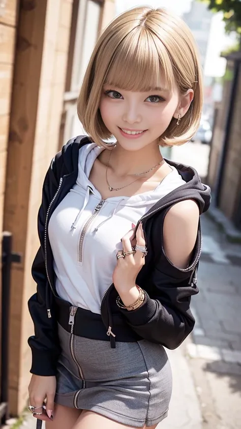 (layerd skirt:1.2)、(small size pull zip hoodie)、Medium breast、 layer style、straight short bob hair、blond hair、earrings、bracelet、ring、smile、 glossy lips 、Beautiful skin、Greatest Masterpiece:1.3、Highest quality、Raw photo quality、16k、super detailed depiction ...