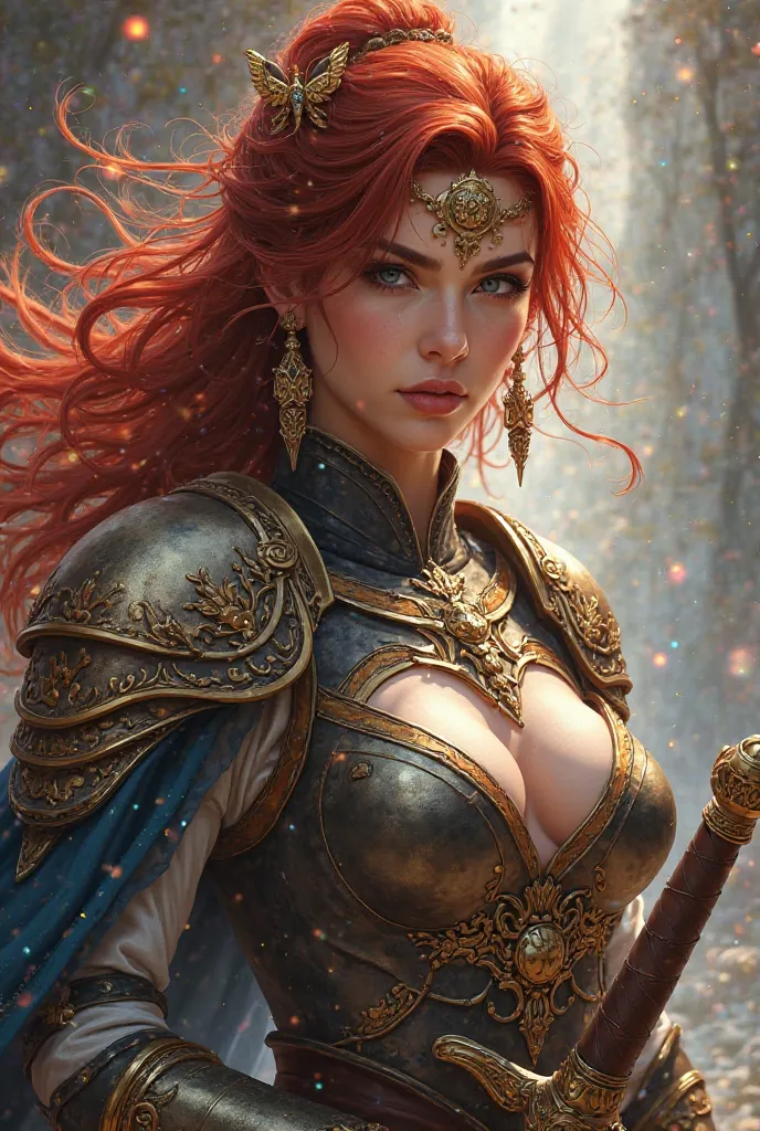 Mulher Paladina, d&d aventureiro, RPG character, photorealistic,  armor, mystical lighting, exotic details, rich colors, heroic woman in battle pose, detailed face, confident expression, wielding shining sword,  armor cintilante, Mystical atmosphere, float...