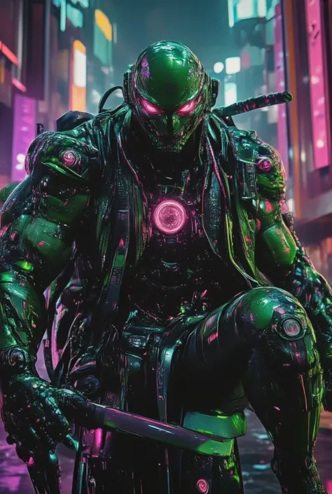 High resolution image with Cyberpunk Neon Art Style. High detail of a cyberpunk Ninja Turtle contaminated with Zombie substance. Jumping to attack with his Weapon, double Stick, Martial Artist Turtle, Two Katana Swords cut on his Back. Wounds on every part...