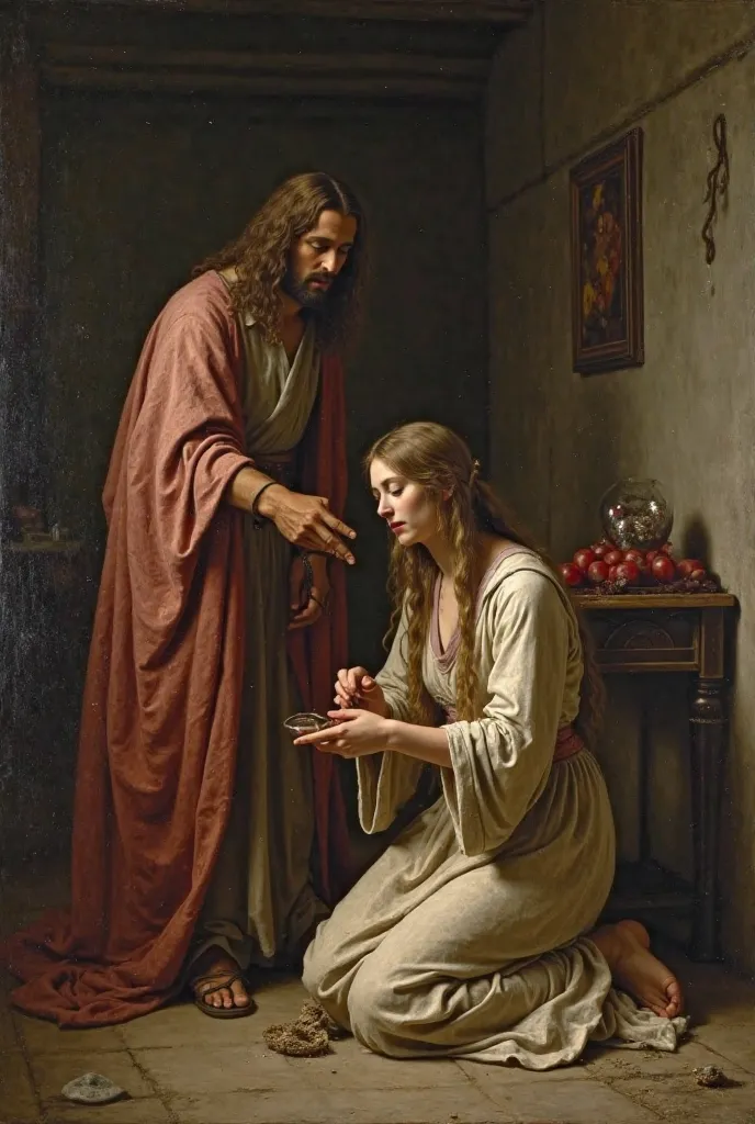 Mary, with her hair loose, pours perfume at the feet of Jesus and Judas criticizing. 