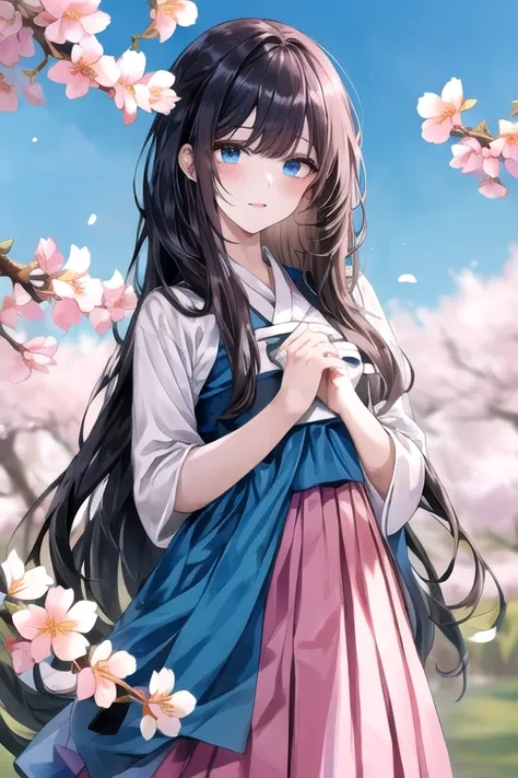 (((gfyuju ))), ((((black long hair)))), blue eyes, (((Hanbok1.0))), hanbok, Outstanding, Best Aesthetic, Best Quality, Masterpiece, Very Detailed, Masterpiece,  1girl , Alone, Blue Sky, Daytime, Flower, Cherry Blossom, Plum Blossom, Lilies, Beautiful Body,...