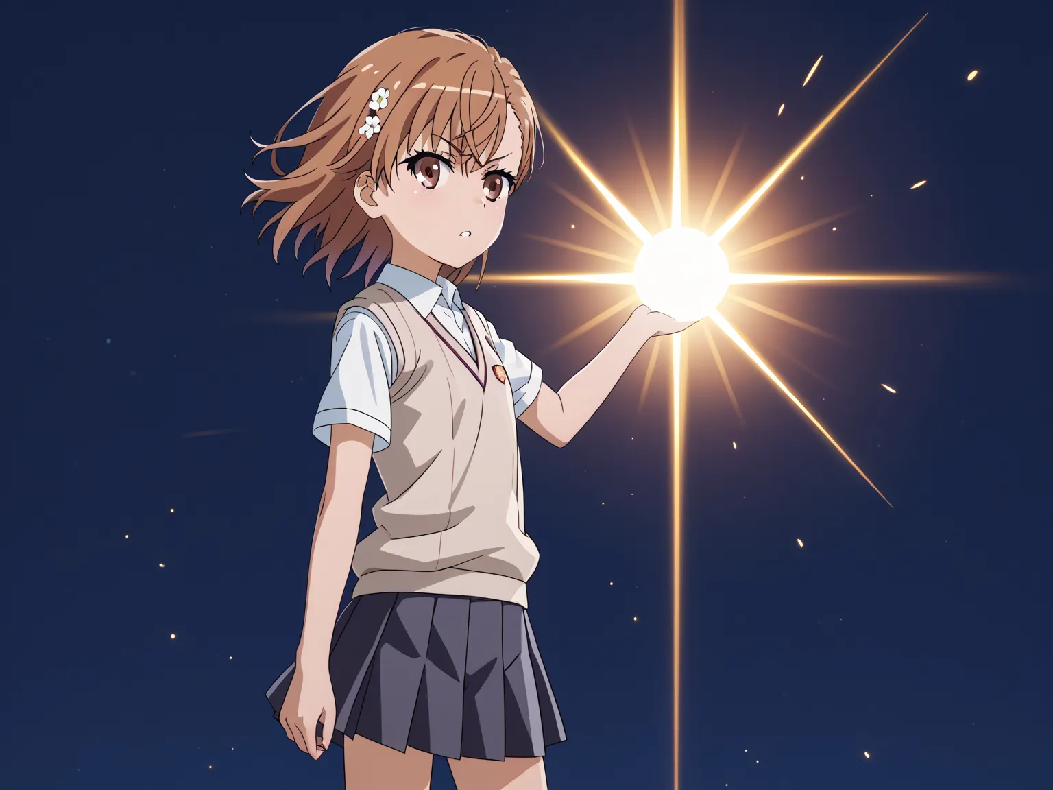 (UHD, retina, masterpiece, accurate, anatomically correct, super detail, high details,   highres, 1080P, 16k、high detail RAW color art:1.3)、 (misaka mikoto:1.3)、(short hair, brown hair:1.3)、(very flat chest:1.5)、(shiny skin:1.3)、(skirt, shirt, school unifo...