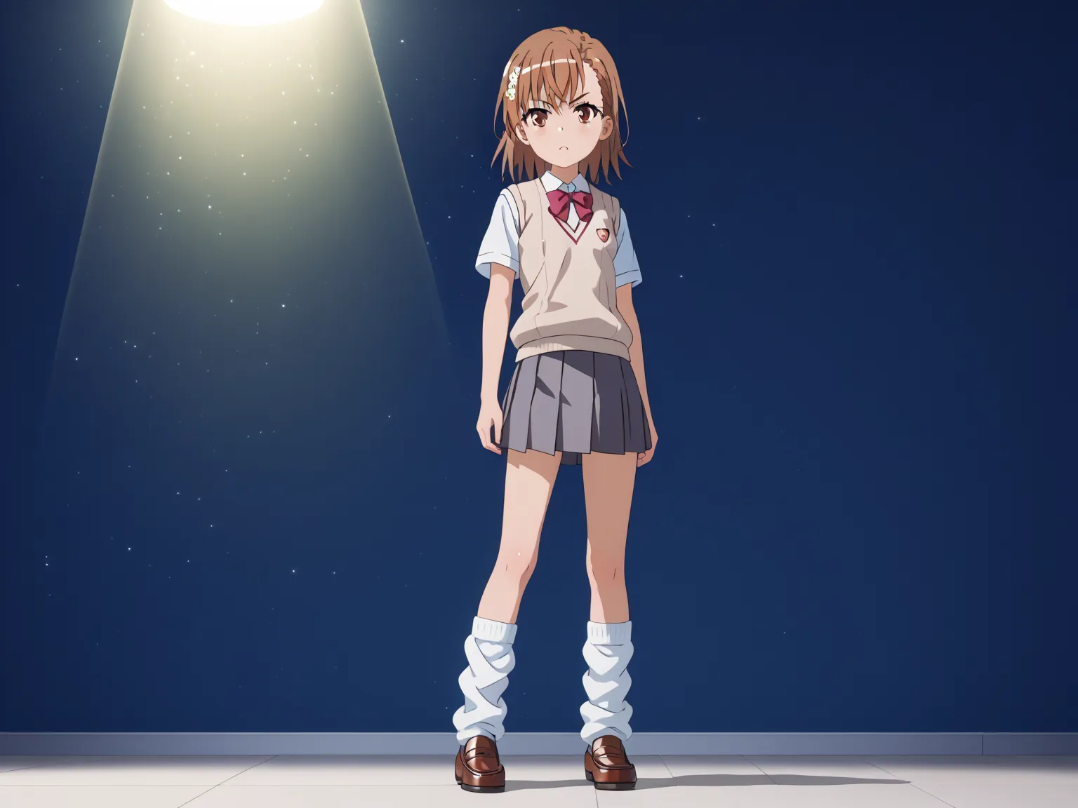 (UHD, retina, masterpiece, accurate, anatomically correct, super detail, high details,   highres, 1080P, 16k、high detail RAW color art:1.3)、 (misaka mikoto:1.3)、(short hair, brown hair:1.3)、(very flat chest:1.5)、(shiny skin:1.3)、(skirt, shirt, school unifo...