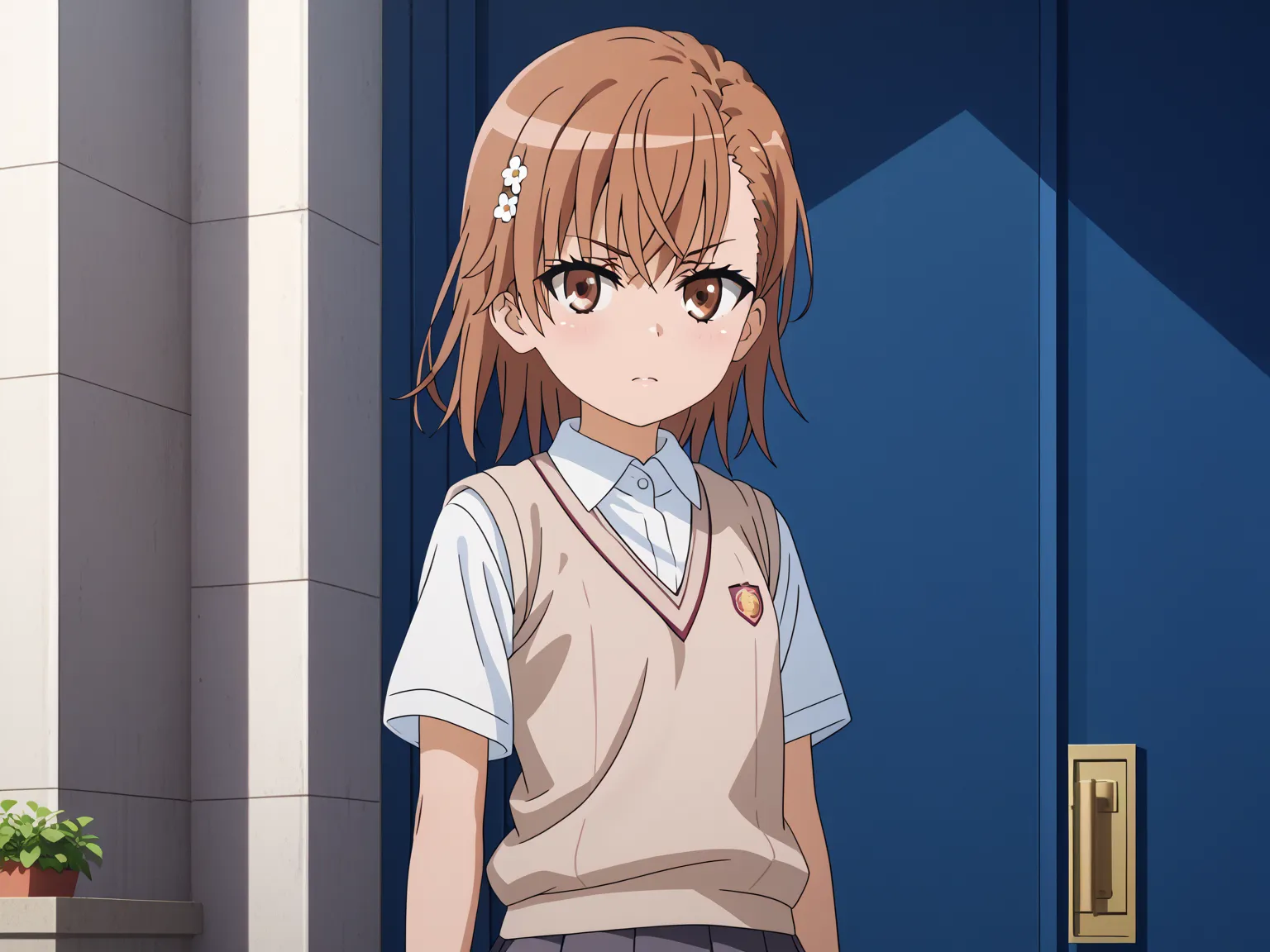 (UHD, retina, masterpiece, accurate, anatomically correct, super detail, high details,   highres, 1080P, 16k、high detail RAW color art:1.3)、 (misaka mikoto:1.3)、(short hair, brown hair:1.3)、(very flat chest:1.5)、(shiny skin:1.3)、(skirt, shirt, school unifo...