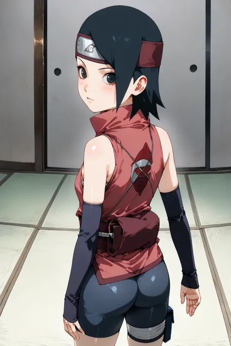 Sarada Uchiha, standing, back, tight shorts, small ass, small breasts, short black hair, black eyes, forehead protector, bottom view, Sarada Uchiha looking at the viewer, shiny, shiny skin, dynamic view, screencap