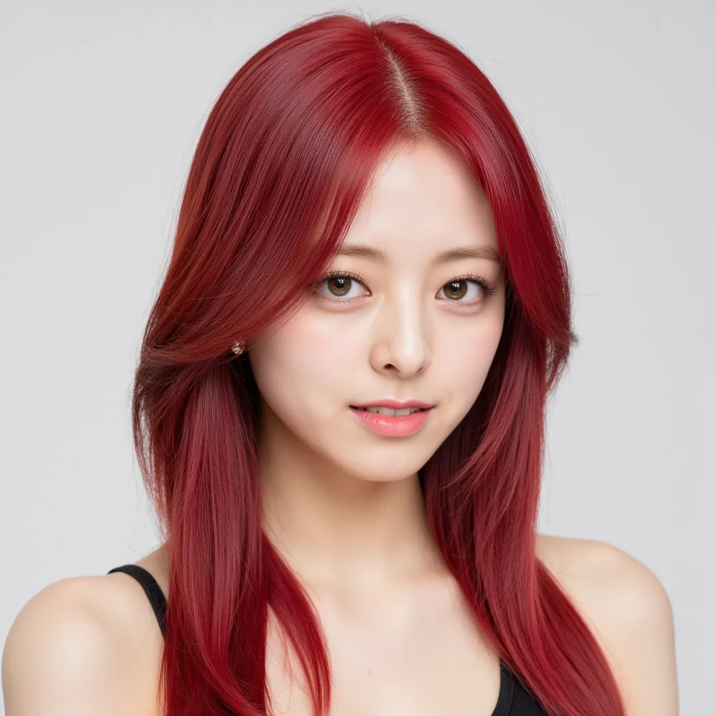 Silky smooth hair、bright red hair is a straight hairstyle、Long hair up to chest、The hairstyle is a ponytail