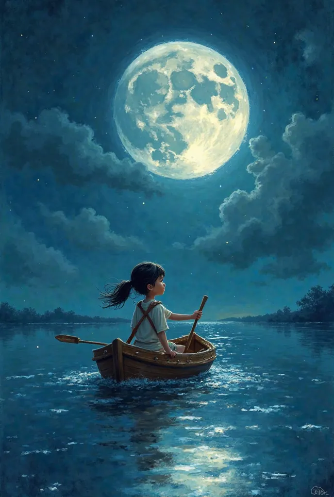 Create me a girl riding a boat in middle of night with shining full moon