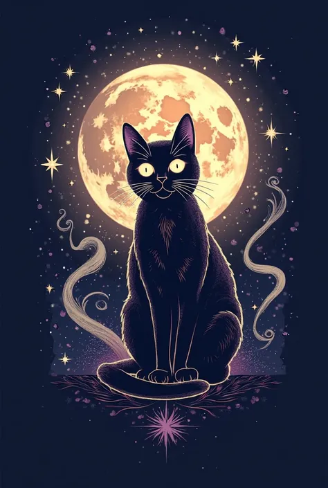 1. ** Key Elements**:
   - **a cat**:  In the center of the image , a cat stylized,  with glowing eyes (As se refletissem as estrelas). It may be seated in an elegant pose, with the whiskers highlighted.
   - **moon and stars**: Behind the cat , a bright f...