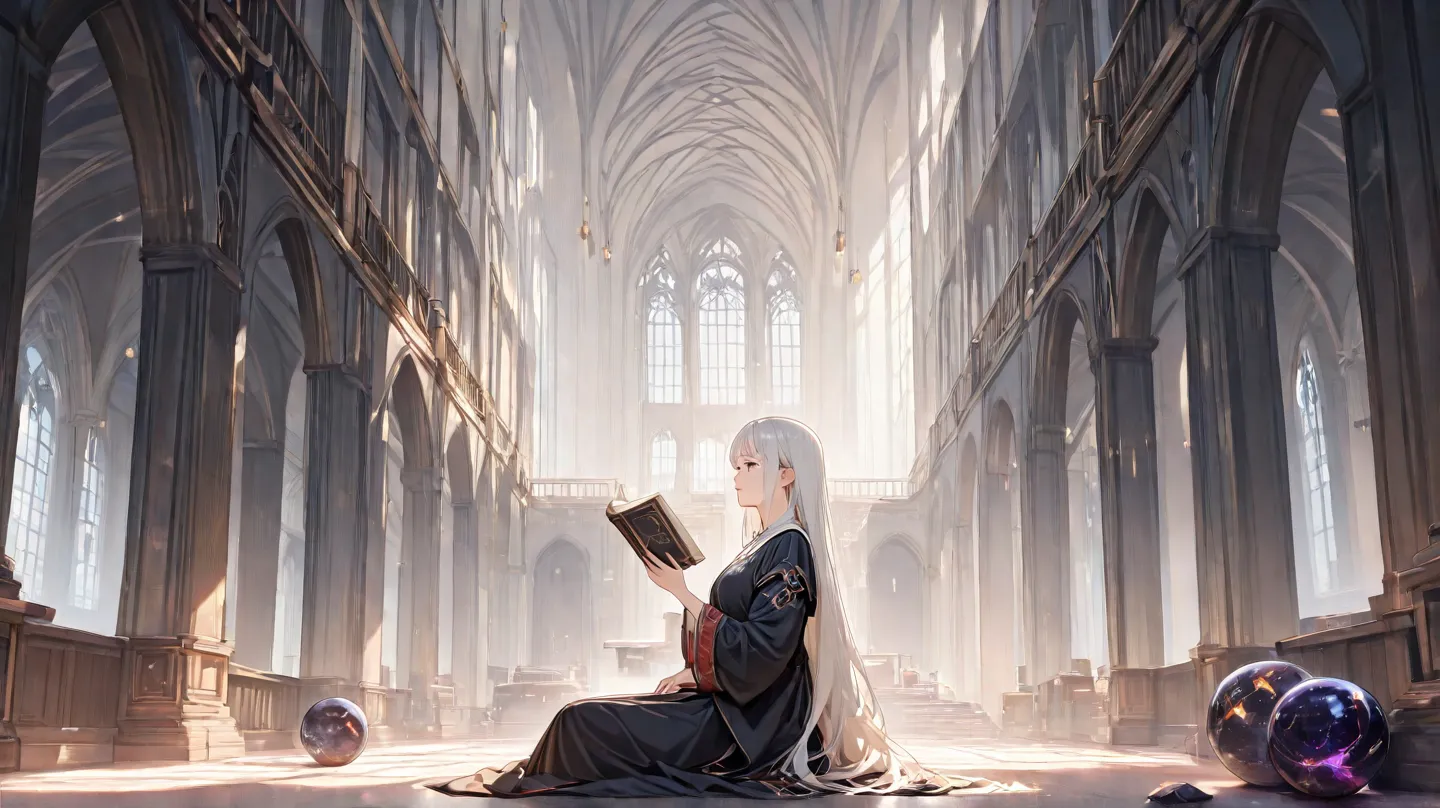  huge _very high resolution, high resolution,  masterpiece, recent, 1 female, side view,  long hair, white hair,Black clothes, Character details, Reading ,  bangs,Middle Ages, arched windows, dark marble, high ceiling, background center, Great Hall,   soft...