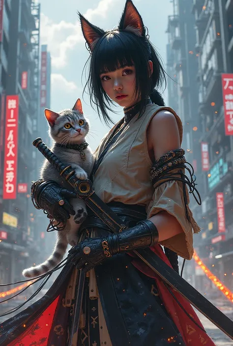 girl main character with samurai sword or glaive, cat with robo hand 