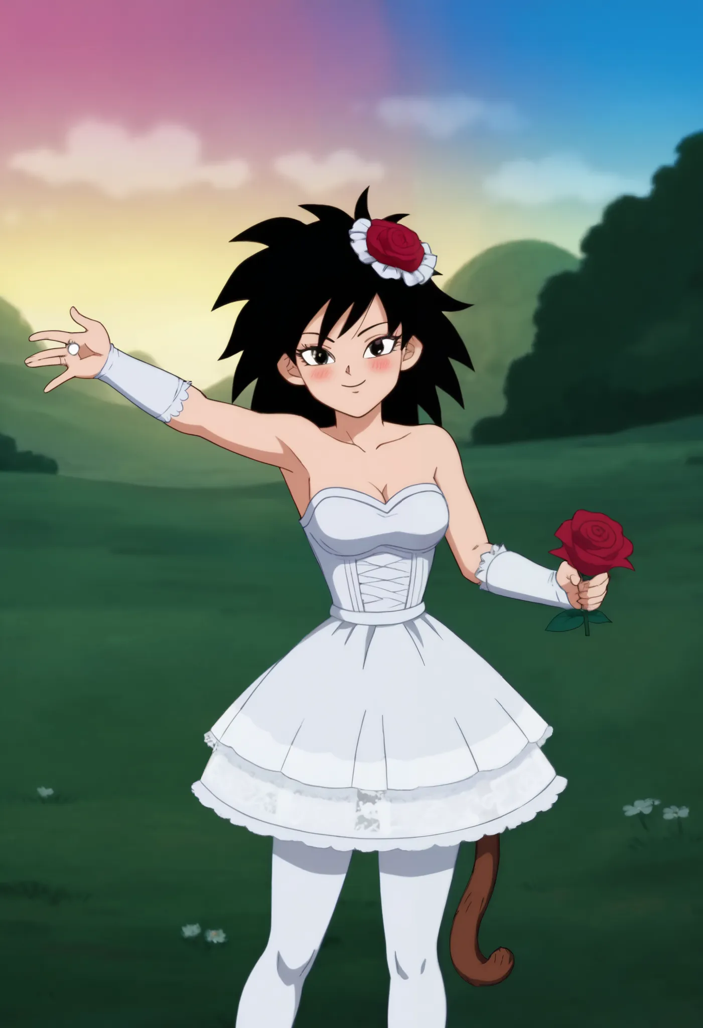 anime screencap, absurdres, high quality, official style, 
gine, black hair, medium hair, spiked hair, black eyes, monkey tail, 1girl, solo, ((looking at the viewer))
wedding dress, wedding ring, outstretched hand, palms, arm at side, smile, blush, bridal ...