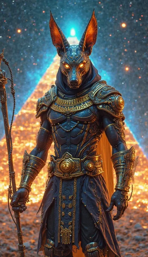 "A futuristic warrior embodying the god Anubis, wearing a metallic jackal-headed mask with glowing hieroglyphs. His body is adorned in gold-trimmed armor infused with nanotechnology, resembling ancient Egyptian pharaohs. He wields an energy-infused crook a...