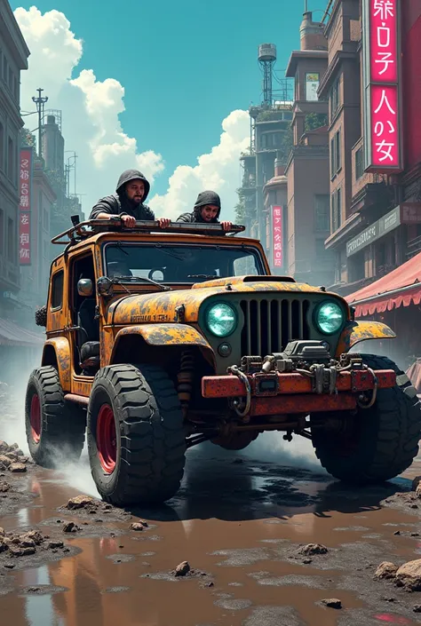 Cyberpunk style jeep funny crazy max style car loaded with three people mechanical multi car with lots of decor Japanese style