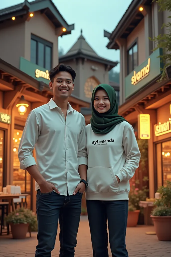 A photo of a man and a woman standing in front of 3 shophouses. The shop on the right has the sign 'GMstore,' the shop in the middle has the sign 'SVARNA,' and the shop on the left has the sign 'Sinar Jaya.' The man is wearing a white shirt and dark blue j...