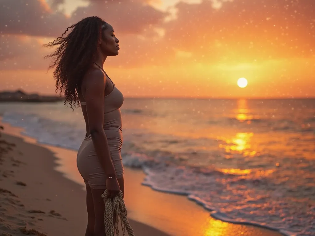 "A realistic scene of a 40-year-old black woman on a beach at sunset, standing on the sand with an expression of peace and strength. She holds a thick rope that falls at her feet, as if you had just released it, as you look at the calm sea ahead. The sky s...