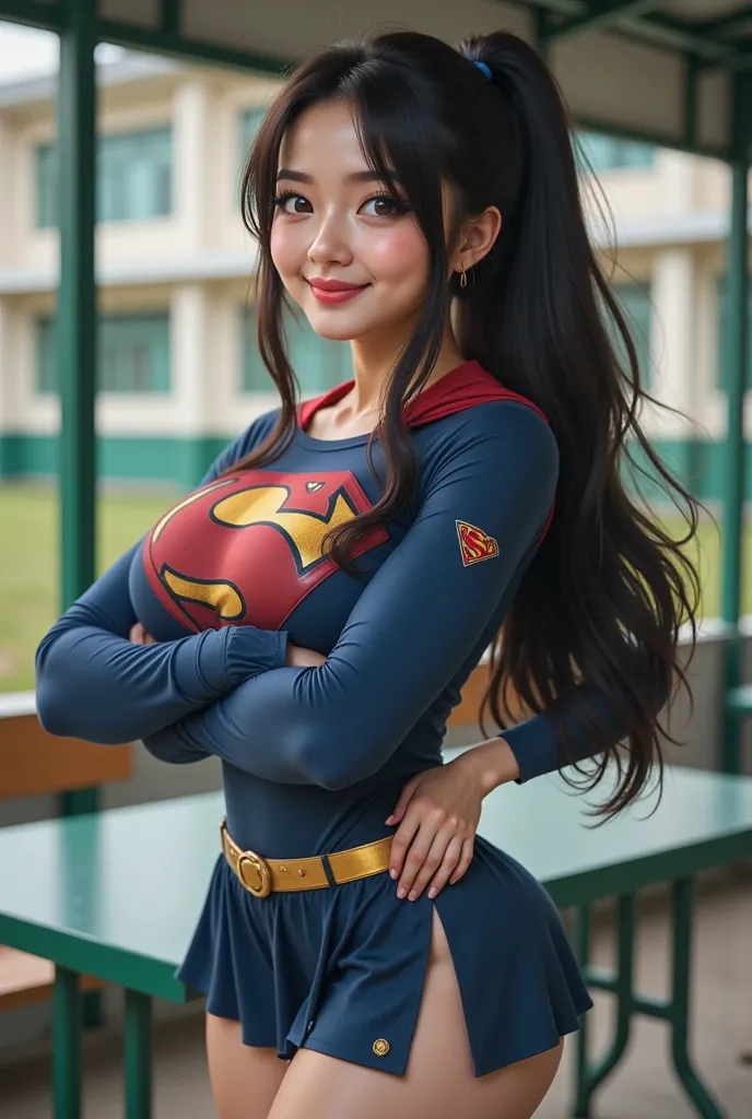 Real photos High-quality Realistic of thai woman, Beautiful girl (((large breast , big breast , nsfw))) , Best Quality, 20 years old thai girl in a  WEARING A SUPERGIRL COSTUME AND CAPE school uniform astanding near a green metal table, (((large breast , b...