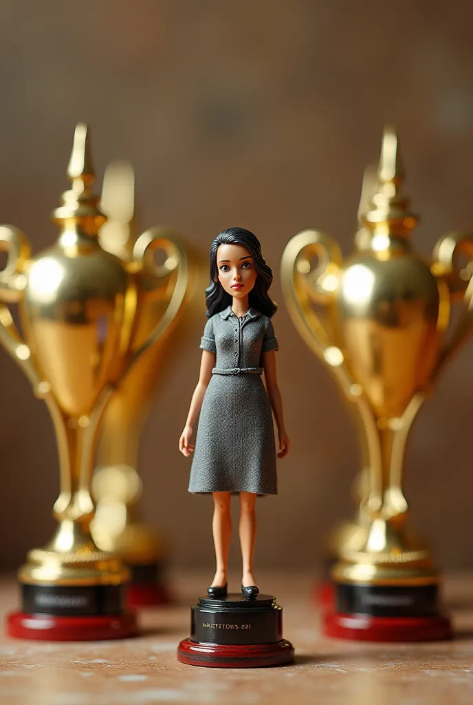 no, a single shelf, with around 5 trophies, And the woman who is inside the shelf, With a flick and blouse, but the woman must be the size of the trophies, The same size as the trophies