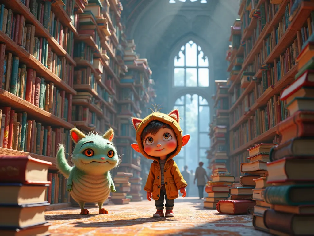 Create a Pixar Cartoon-style image of a library with lots of books