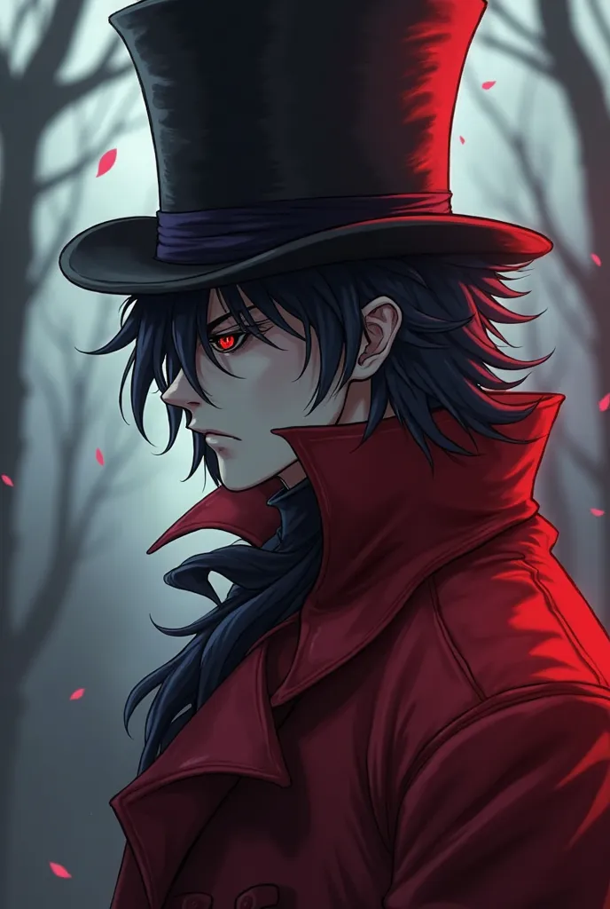 anime, a man in a top hat and a red coat, alucard, he is wearing a top hat, bloodborne style, grim-hatter, with a glass eye and a top hat, portrait of a bloodborne hunter, trigger anime artstyle, gungrave, the madhatter, best anime 4k konachan wallpaper, b...