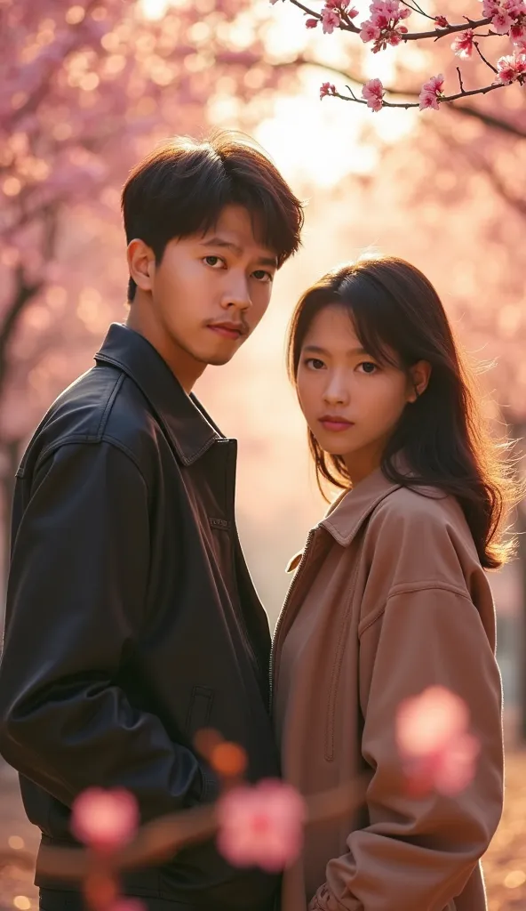 double exposure, cover photo of the film entitled "Friday Blessings". The cover shows a handsome Korean man with trendy short hair, wearing black jacket clothes, and a beautiful women, wearing jacket clothes, standing smiling slightly facing the camera. Th...