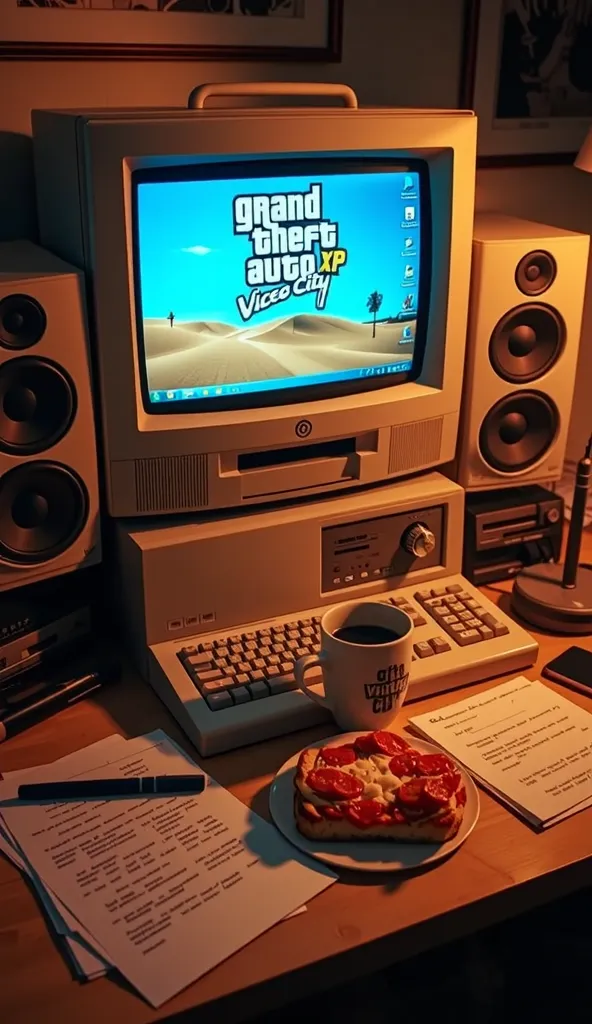 **"A cozy late 90s or early 2000s computer setup with a nostalgic vibe. A bulky beige CRT monitor displays the classic 'GTA Vice City' game on a Windows XP desktop. Large stereo speakers and a vintage radio sit on a wooden desk, enhancing the retro feel. T...