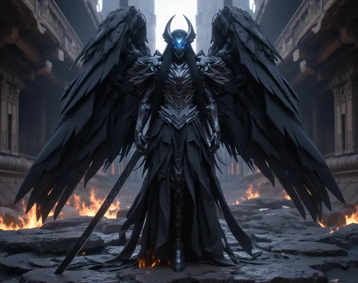 Hades; Oriental style; long black hair,  blue eyes, face angelical, with its black divine armor, with large open wings. ,  At your side a black medieval sword with its tip buried in the ground; scenario: temple of the God of the Dead, In the Greek Underwor...