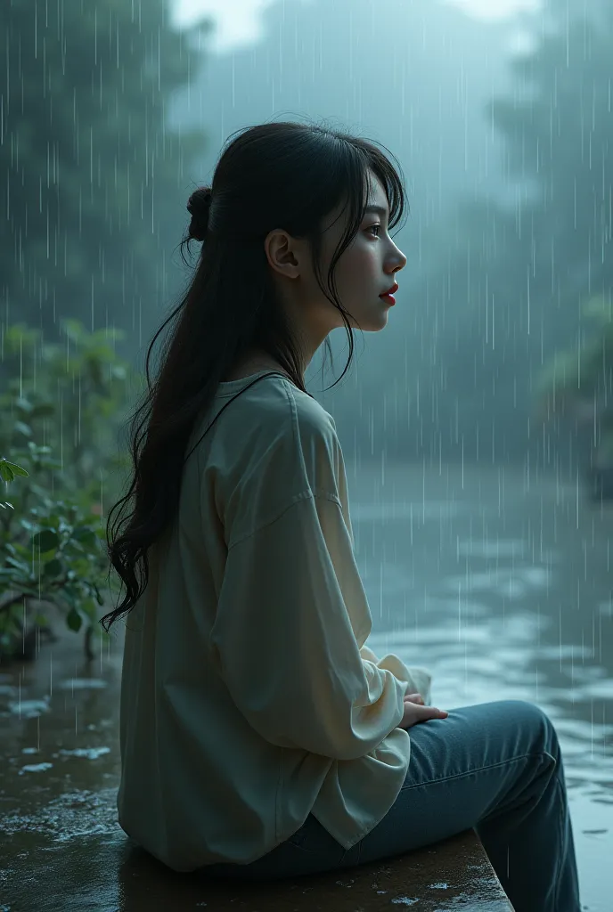 Beautiful girl sitting contemplating the rain