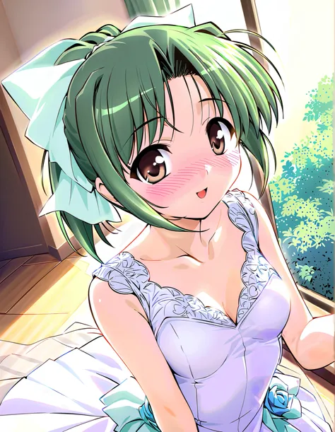 tooyama midori, Alone, (face focus:1.1), green hair, brown eyes, ponytail, hair ribbon, short hair, small breasts, cleavage, (wedding dress), (shy:1.1), (blush), (smile), (I'm fascinated:1.1), (incoming kiss:1.2), ( wedding venue from the window),  score_9...