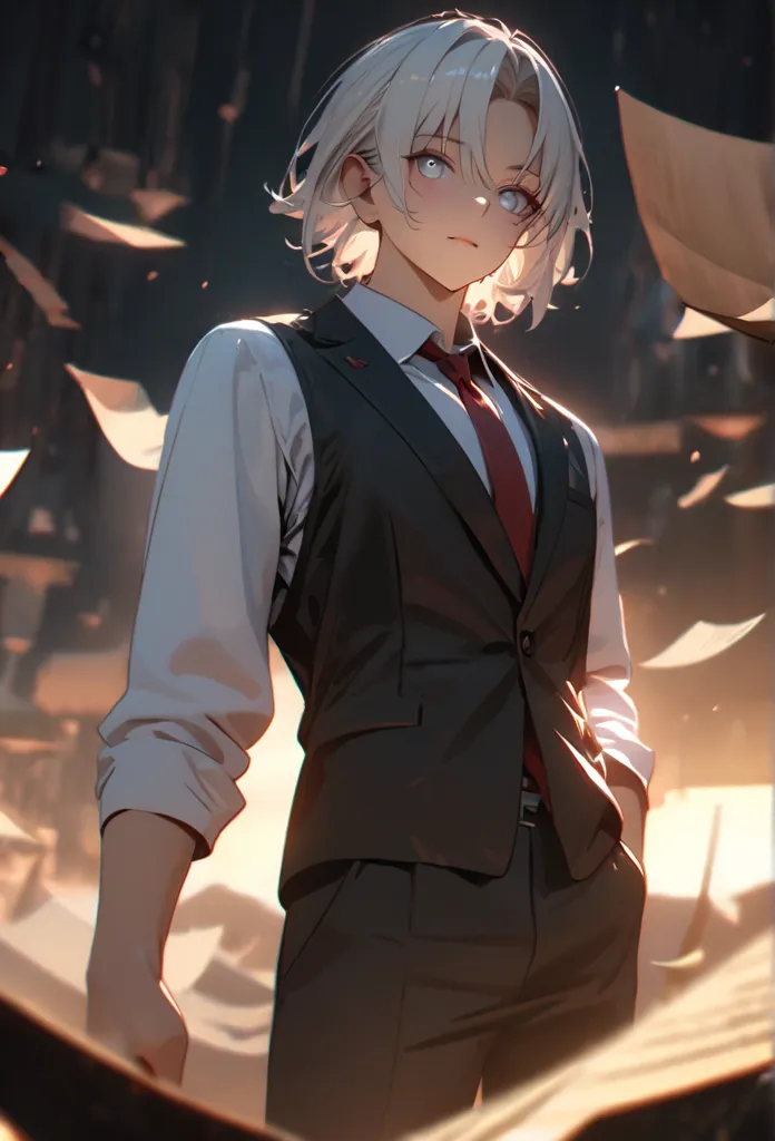 1 male, guy face, teacher, wearing white shirt, rolled up sleeves, black long pants, white hair, short hair, dense hair, face to detail, detailed eyes, bright white eyes, red tie, long black suit, unbuttoned, the background is outside on a hill, night time...